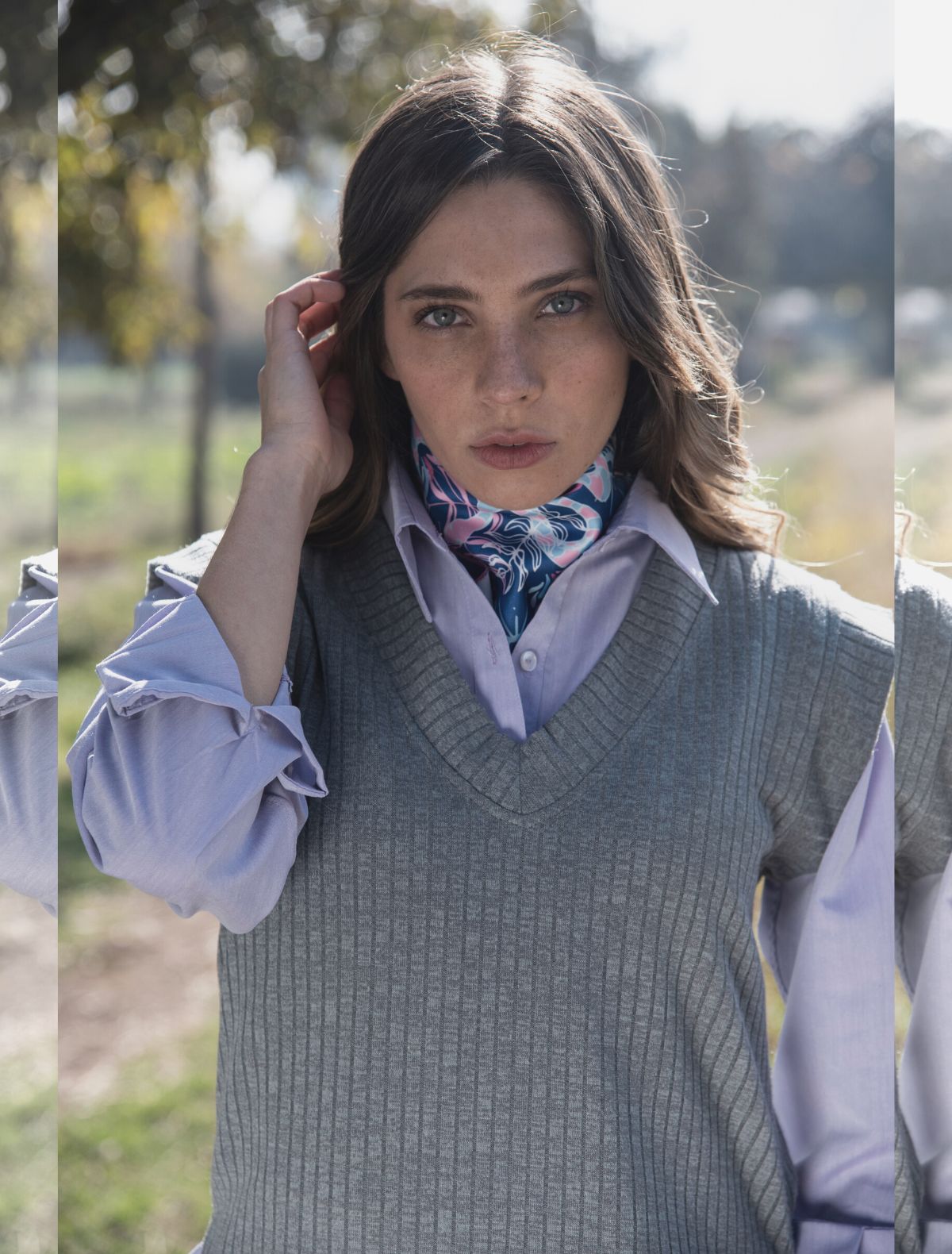 Chaleco sin mangas o vest eva bluish grey cuello en V, lanilla acanalada slowfashion.