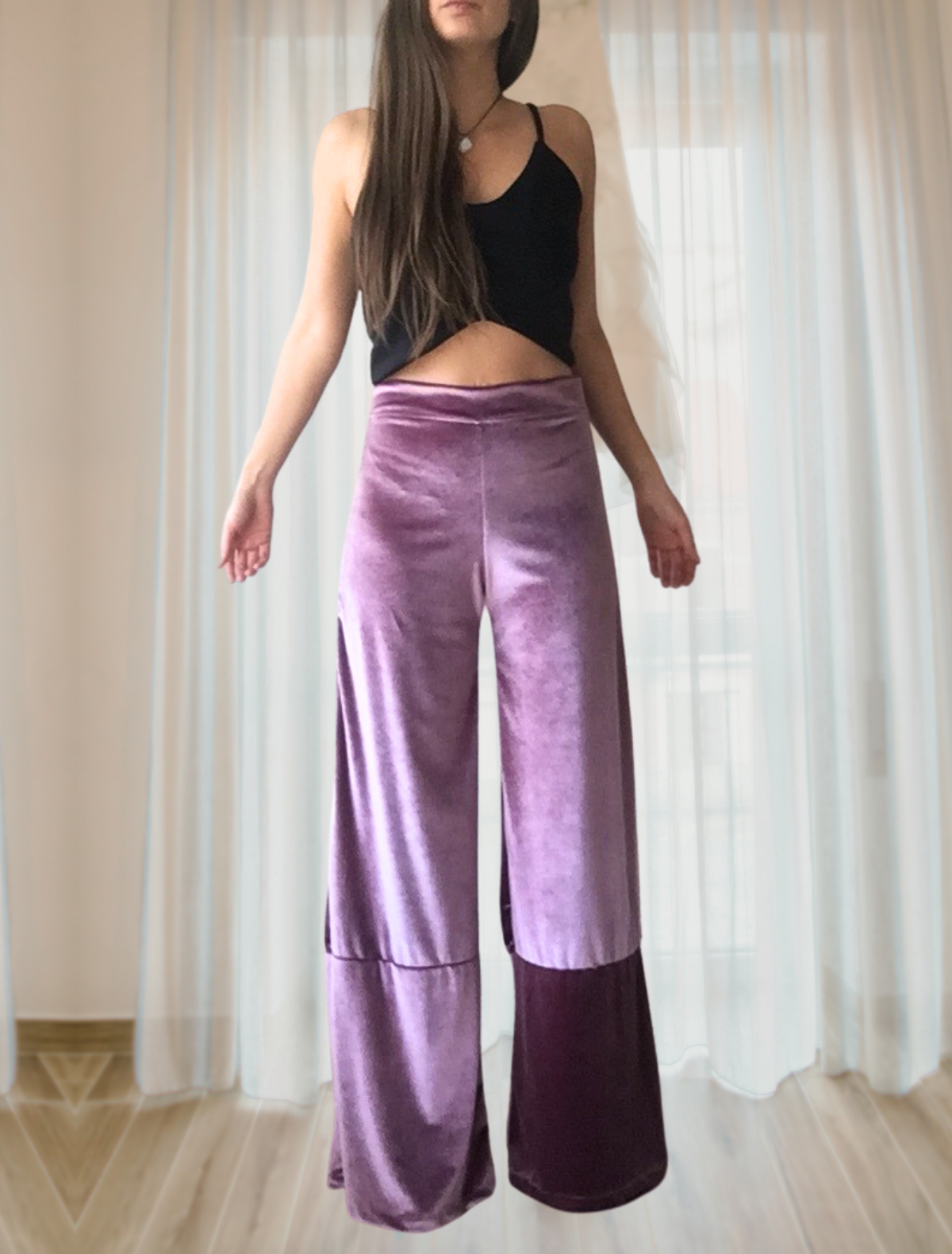 Pantalón palazzo de terciopelo velvet color morado uva estilo boho